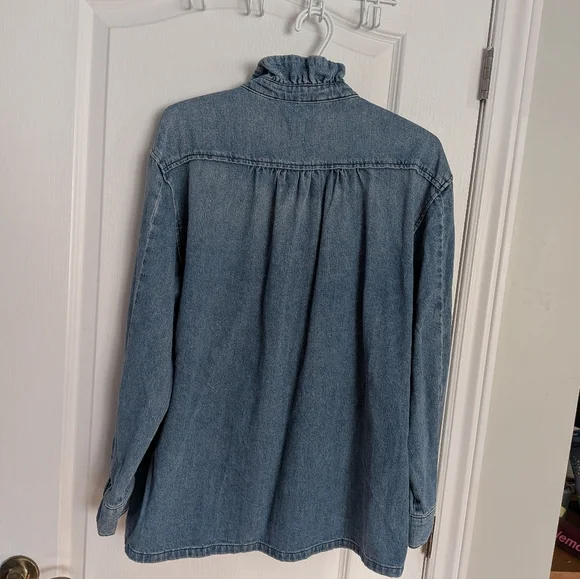 Ba&Sh Denim Shirt High Ruffle Collar Blue Size 3 - Picture 5 of 11